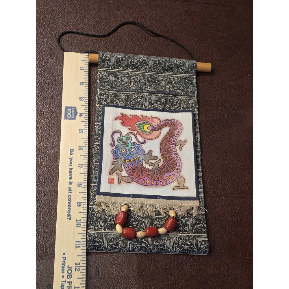 Vintage‎ Asian Style Dragon Textile Wall Hanging Pouch Beaded Folk Art Scroll